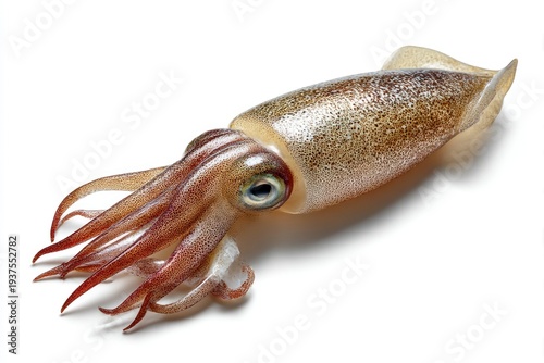 A fresh whole squid with speckled skin prominent eye and tentacles on a white background