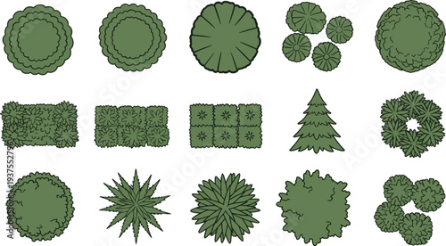 Top view garden tree icons, minimalist landscape plan vector illustrations, overhead plant and bush shapes, outdoor garden design elements, aerial nature graphics