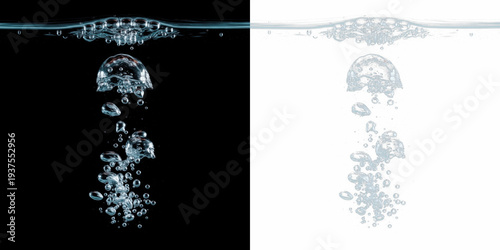 Crystal clear water bubbles rising isolated on black background, floating liquid spheres, transparent water droplets ascending, bubble particle effect for aquatic, beverage, and macro visuals