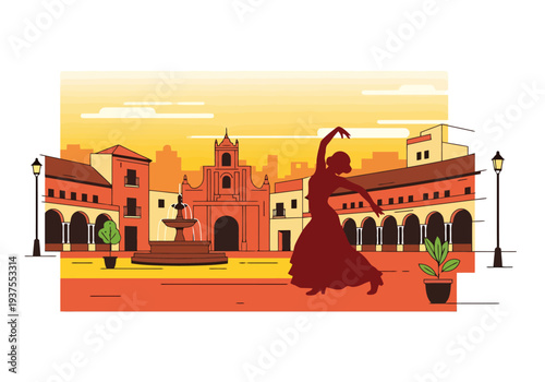 Woman Dancer Silhouette Performs In Historic Town Square With Fountain And Archways At Sunset