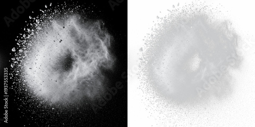 Fotografie Snow dust swirl isolated on black background, floating snow particles, winter sn