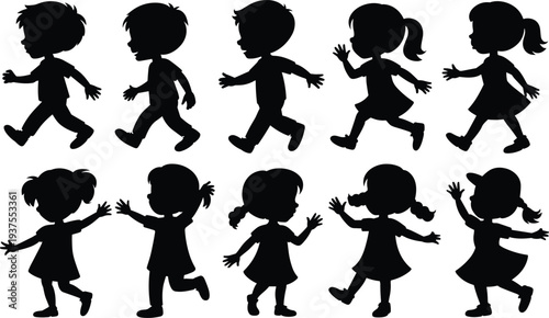 PrintChildren silhouettes, walking kids, running boys, girls in dresses, playful activity, dynamic movement, vector art, black design, childhood motion, outdoor theme