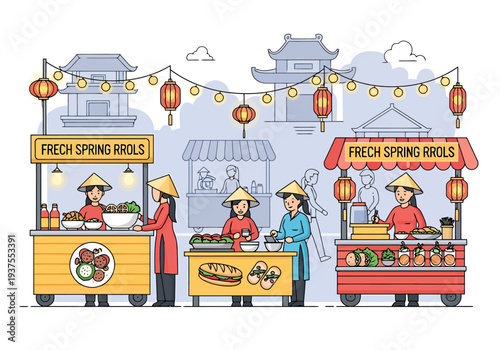 Asian Food Market Scene With People Selling Fresh Spring Rolls And Other Delicacies From Stalls Under Lanterns