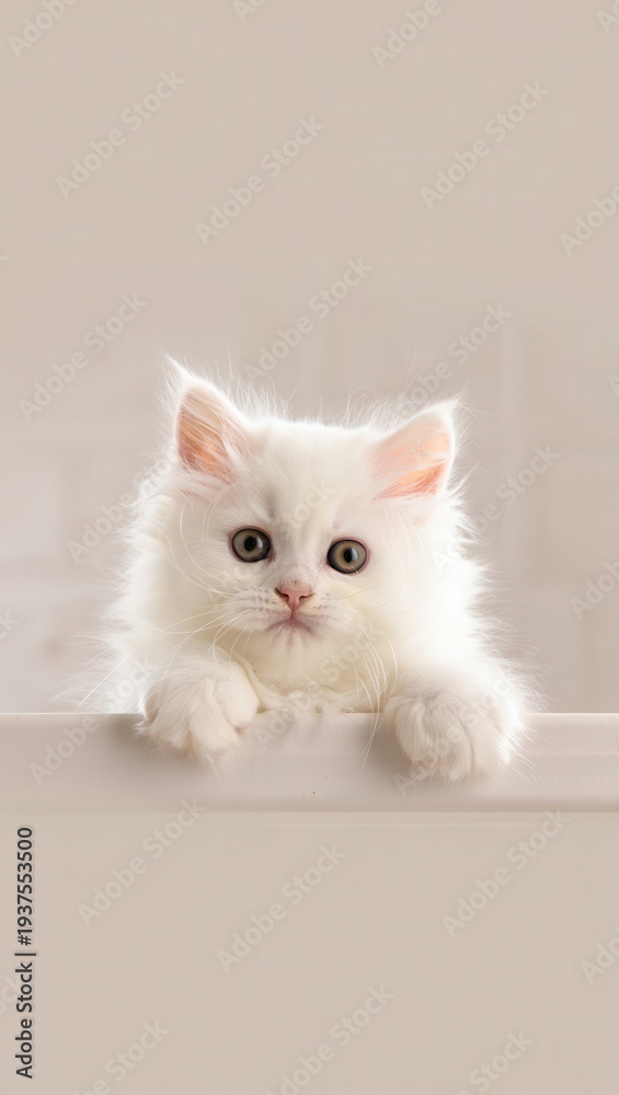 Fototapeta premium Adorable Persian Kitten Peering Over Surface With Wide Eyes And Fluffy Fur