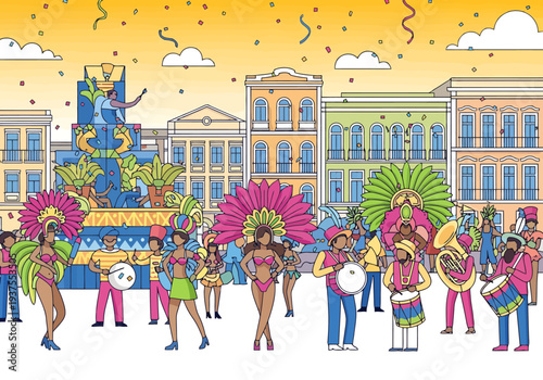 People participate in a festive parade with colorful costumes and floats on a street lined with buildings against a bright sky with confetti