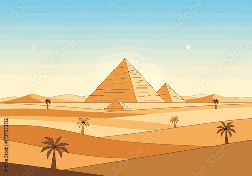 Ancient Desert Landscape Featuring Iconic Triangular Structures Under a Clear Blue Sky with Scattered Palm Trees and Rolling Sand Dunes