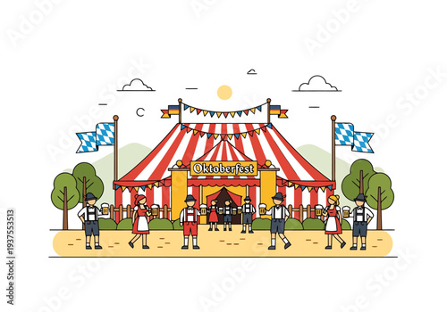 Traditional Festival Tent Decorated With Banners And Flags Attracts People In Folk Costumes Holding Beer Steins Celebrating Outdoor Event