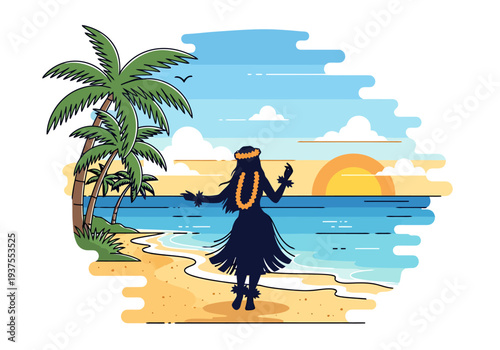 Tropical Beach Sunset Scene With Woman Dancing Under Palm Trees And Ocean Waves On Sandy Shoreline Paradise Vacation