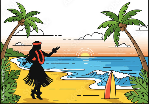 Tropical Beach Scene With Hula Dancer Palm Trees Ocean Waves And Sunset Over Water Artistic Representation