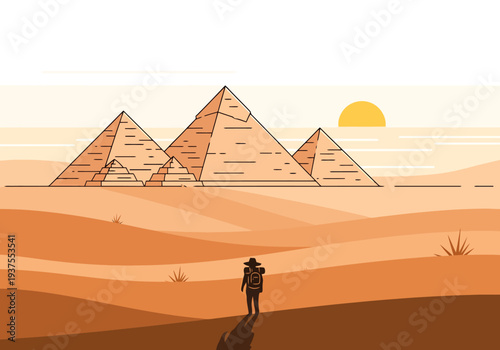Lone Explorer Walks Towards Ancient Pyramids in Vast Desert Landscape Under a Setting Sun Creating Long Shadows