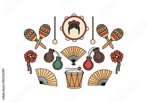 Mexican Celebration Elements Fiesta Theme Design With Maracas Tambourine Drum Fans Castanets And Decorative Flowers For Festive Occasions