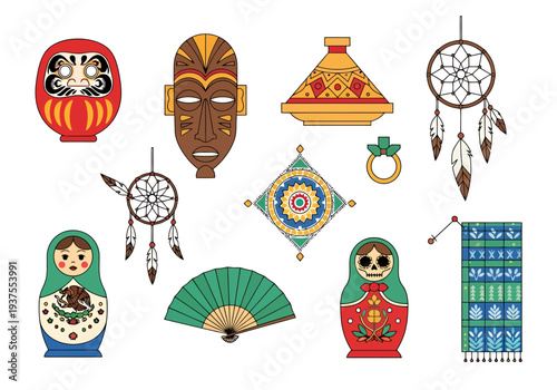 Collection of Global Cultural Symbols and Traditional Objects for Decorative Design Elements