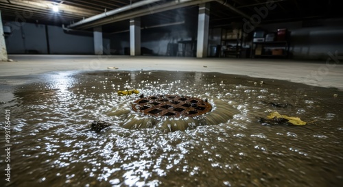 Overflowing floor drain releases murky liquid across a concrete basement surface