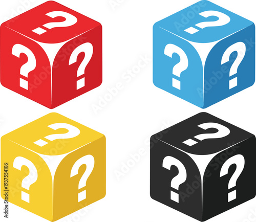 Set of four colorful 3D isometric cubes with white question marks isolated on a white background vector illustration