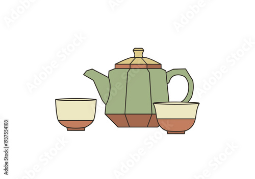 Ceramic Teapot And Two Matching Cups For Preparing And Serving Hot Beverages Against White Background Isolated Kitchenware Objects For A Beverage