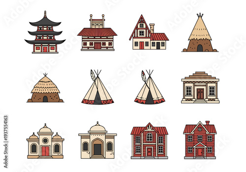 Collection of Diverse Architectural Styles Representing Global Dwelling Structures and Buildings From Different Cultures