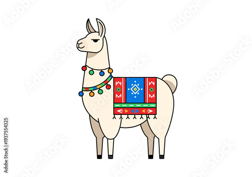 Cartoon Llama Wearing Colorful Textile Blanket And Festive Decorations Isolated On White Background