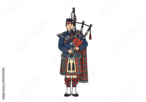 Person in Traditional Scottish Highland Dress Playing Bagpipes on White Background