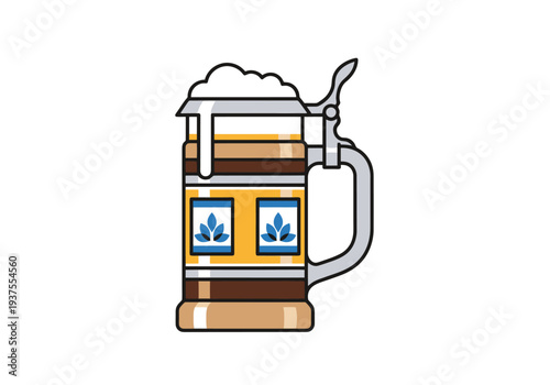 Frothy Beer Stein Beverage Container With Decorative Blue Elements And Metal Lid Celebrating Traditional Drink Culture And Refreshment