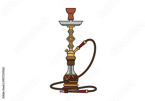 Elaborate Hookah Pipe Device With Intricate Metalwork And Flexible Hose For Smoking Rituals