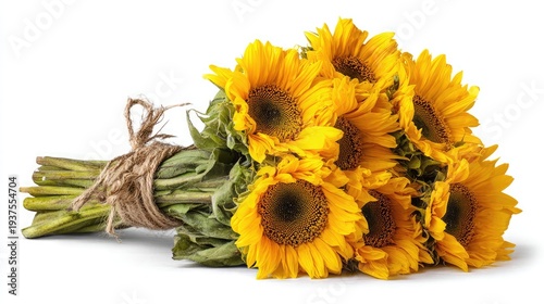 Bouquet of yellow sunflowers tied with twine on white background
