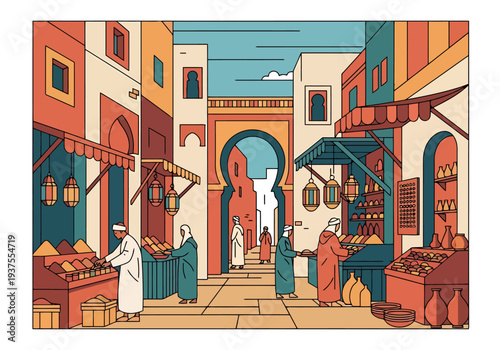 Vibrant North African Market Scene With Merchants Selling Spices And Goods Under Colorful Architectural Buildings