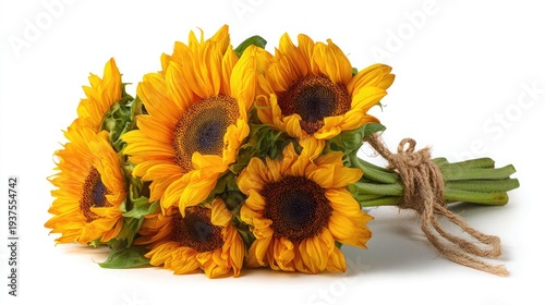 Bouquet of yellow sunflowers tied with twine on white background