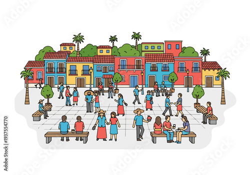 Vibrant Town Square Bustling With Diverse People Enjoying Outdoor Activities And Colorful Architecture Under Sunny Skies