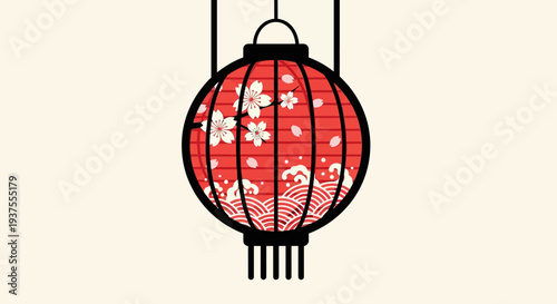 Red Japanese Lantern with Cherry Blossoms and Waves