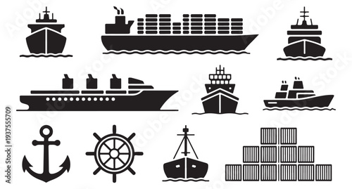 Collection of cargo ships cruise ships and naval vessels in monochrome silhouette style