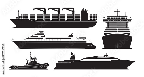 Various ship icons, including container, cruise, and tugboat, depicting different marine transports