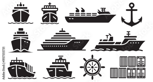 Set of maritime transport icons featuring container ships cruise liners and naval vessels