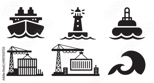 Maritime icons set with ships lighthouses buoys cranes and waves in monochrome