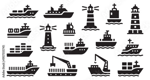 Marine transportation icons with ships lighthouses cranes and shipping containers