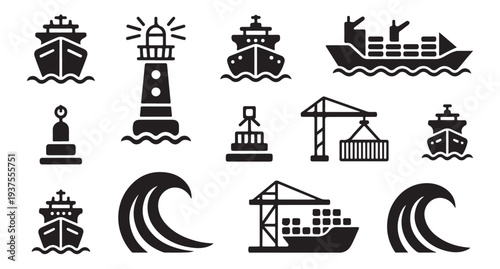 Nautical vector icons including ships lighthouse buoys cranes and ocean waves