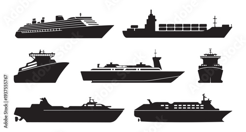 Set of ship and cargo vessel icons black silhouettes isolated on white background for shipping industry