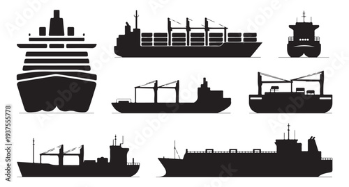 Set of black ship and cargo vessel icons isolated on white background shipping industry symbols