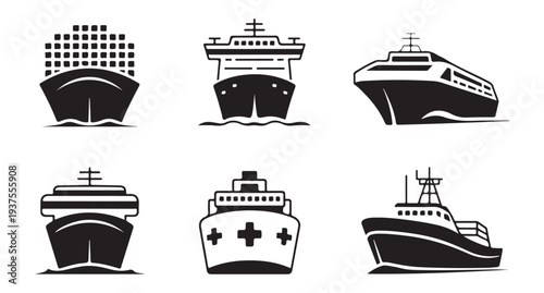 Collection of ship icons in silhouette, representing different types of maritime vessels