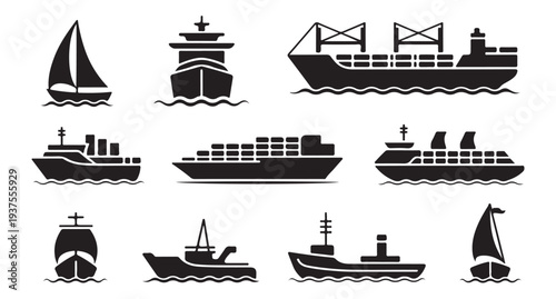 Diverse set of ship illustrations, featuring cargo, passenger, and sailing vessels