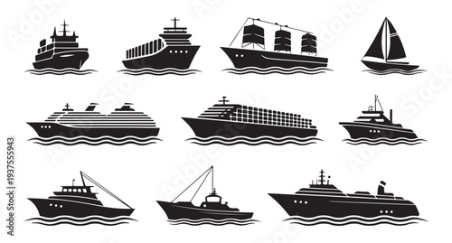 Collection of ship icons in black silhouette, displaying different types of sea vessels