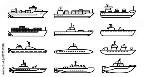Outline set of various ship types, including cargo, passenger, and submarines