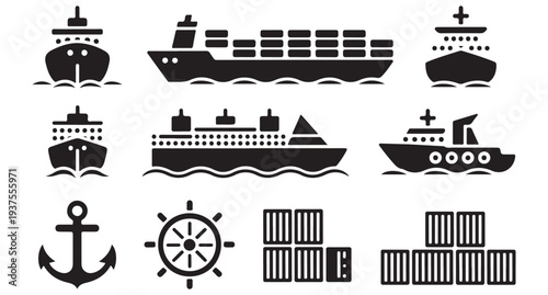 Set of various marine transport icons and related elements on white background isolated