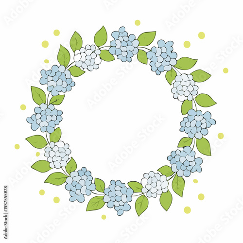 紫陽花の花と葉の梅雨時ボタニカル円形フレーム