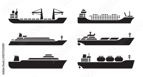 Set of various ship types including cargo, oil tankers and cruise liners on white background