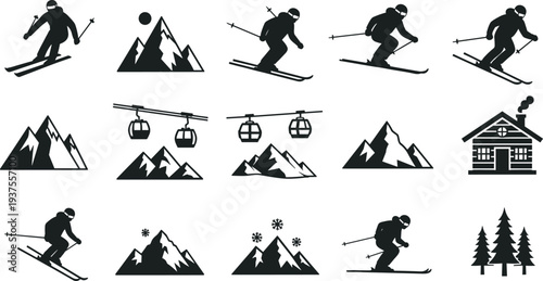 Winter resort activity icons, black mountain silhouettes, skiing sportsman vectors, cable car gondolas, forest trees, and cozy wooden cabin.