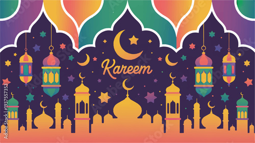 Vibrant ramadan kareem background with lanterns crescent moon and stars in purple orange green and gold colors for eid celebrations