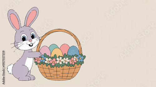 Cute easter bunny holding colorful eggs in basket with flowers on beige background spring holiday vector illustration