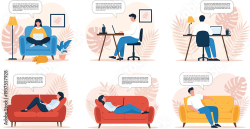 Set of people working from home on laptops while sitting on sofas and desks with speech bubbles vector