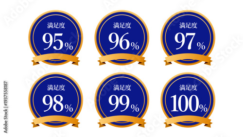 【ビジネスで使える顧客満足度】琥珀色・藍色・王冠・リボン・金色を組み合わせた、ツヤ感／光沢感のあるメダルセット｜LP素材・バッジ・装飾：満足度01