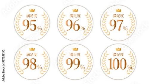 【ビジネスで使える顧客満足度】月桂樹・王冠・リボン・金色を組み合わせた、ツヤ感／光沢感のあるメダルセット｜LP素材・バッジ：満足度03